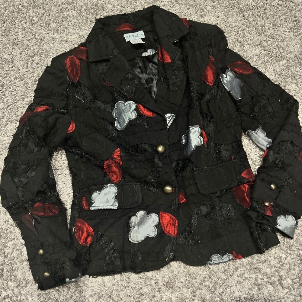 Nanweena Black Red Gray Floral‎ Applique Textured Blazer Jacket Size M